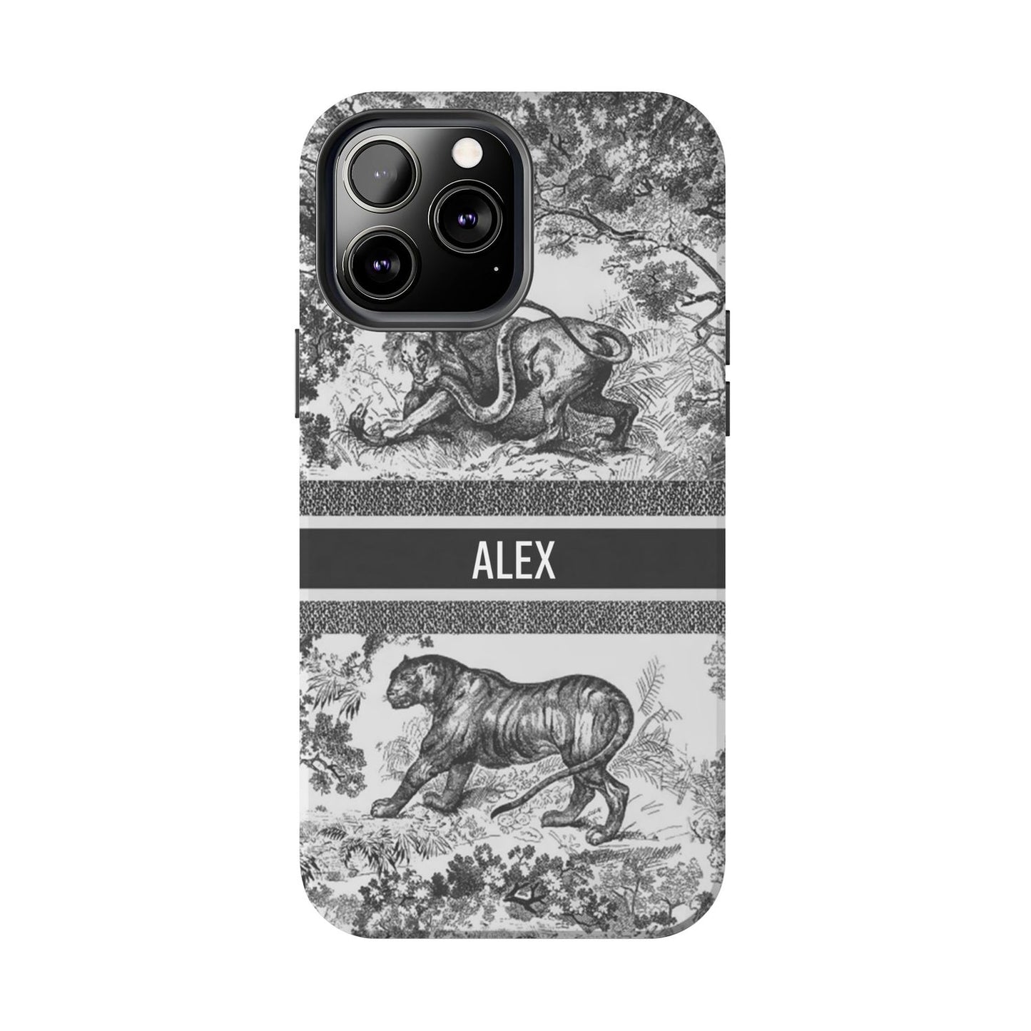 Custom Luxury Toile De Jouy Inspired Phone Case – Personalized Name Clear iPhone 12 13 14 15 16 Pro Max, Samsung 21 22 23 24 24.99 Plus/Ultra Cover