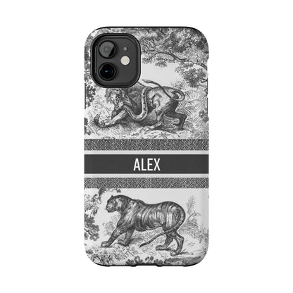 Custom Luxury Toile De Jouy Inspired Phone Case – Personalized Name Clear iPhone 12 13 14 15 16 Pro Max, Samsung 21 22 23 24 24.99 Plus/Ultra Cover