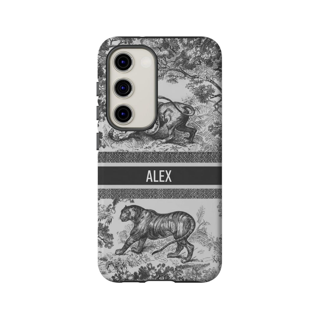 Custom Luxury Toile De Jouy Inspired Phone Case – Personalized Name Clear iPhone 12 13 14 15 16 Pro Max, Samsung 21 22 23 24 24.99 Plus/Ultra Cover