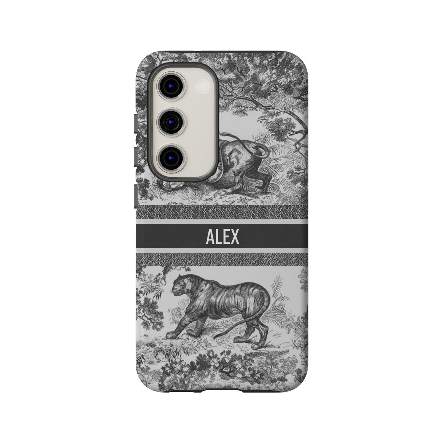 Custom Luxury Toile De Jouy Inspired Phone Case – Personalized Name Clear iPhone 12 13 14 15 16 Pro Max, Samsung 21 22 23 24 24.99 Plus/Ultra Cover