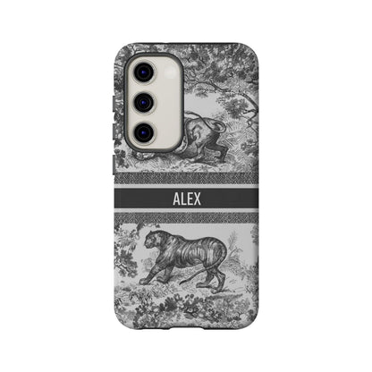 Custom Luxury Toile De Jouy Inspired Phone Case – Personalized Name Clear iPhone 12 13 14 15 16 Pro Max, Samsung 21 22 23 24 24.99 Plus/Ultra Cover