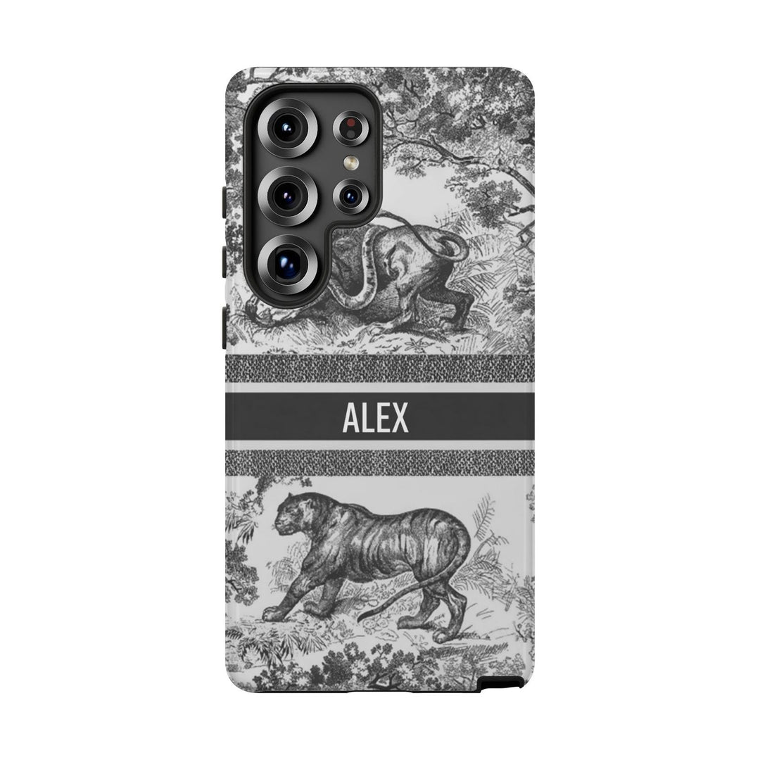 Custom Luxury Toile De Jouy Inspired Phone Case – Personalized Name Clear iPhone 12 13 14 15 16 Pro Max, Samsung 21 22 23 24 24.99 Plus/Ultra Cover