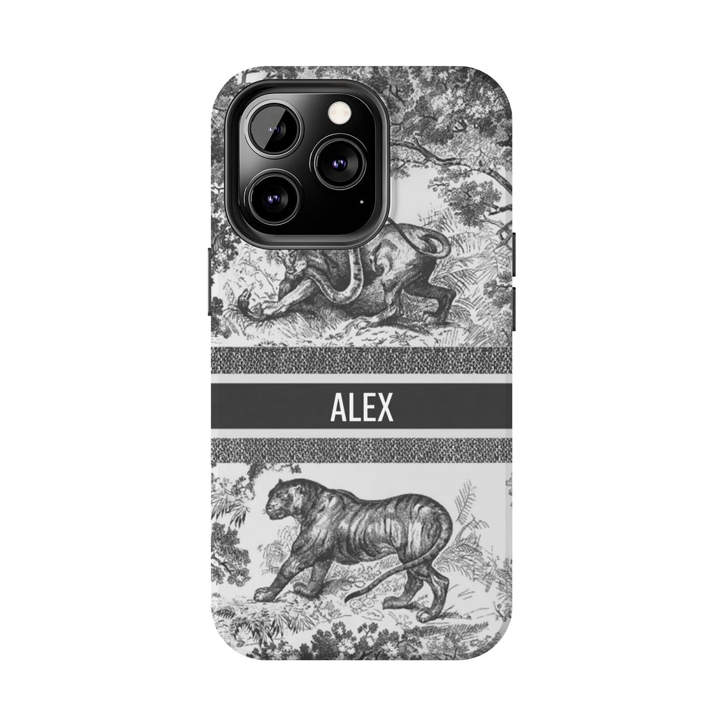 Custom Luxury Toile De Jouy Inspired Phone Case – Personalized Name Clear iPhone 12 13 14 15 16 Pro Max, Samsung 21 22 23 24 24.99 Plus/Ultra Cover