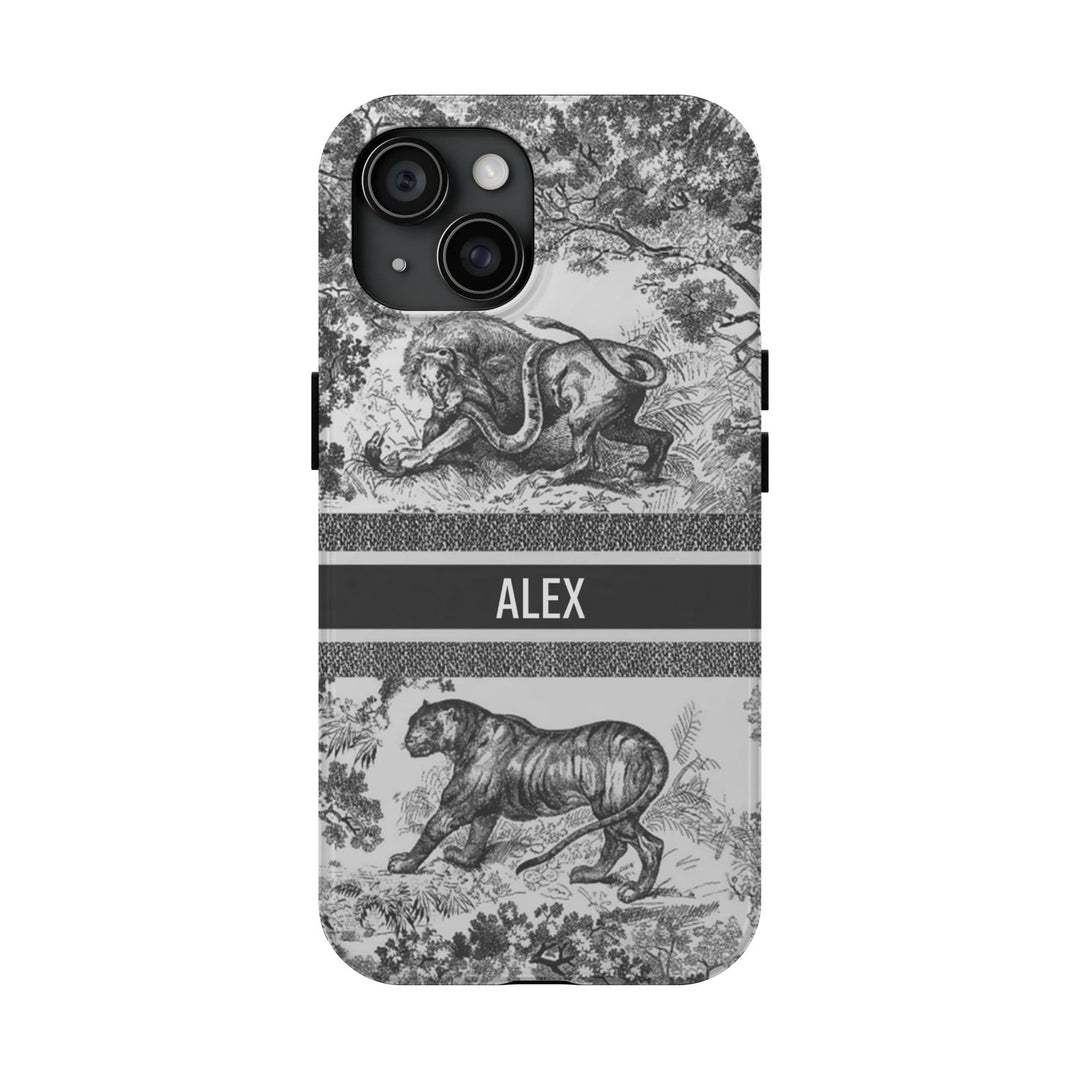 Custom Luxury Toile De Jouy Inspired Phone Case – Personalized Name Clear iPhone 12 13 14 15 16 Pro Max, Samsung 21 22 23 24 24.99 Plus/Ultra Cover