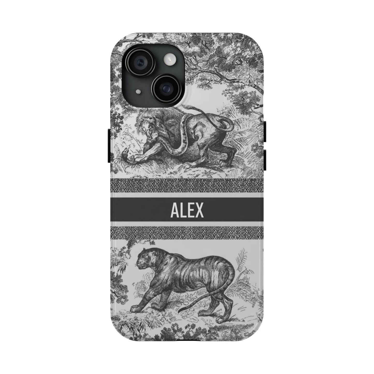 Custom Luxury Toile De Jouy Inspired Phone Case – Personalized Name Clear iPhone 12 13 14 15 16 Pro Max, Samsung 21 22 23 24 24.99 Plus/Ultra Cover