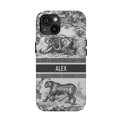 Custom Luxury Toile De Jouy Inspired Phone Case – Personalized Name Clear iPhone 12 13 14 15 16 Pro Max, Samsung 21 22 23 24 24.99 Plus/Ultra Cover