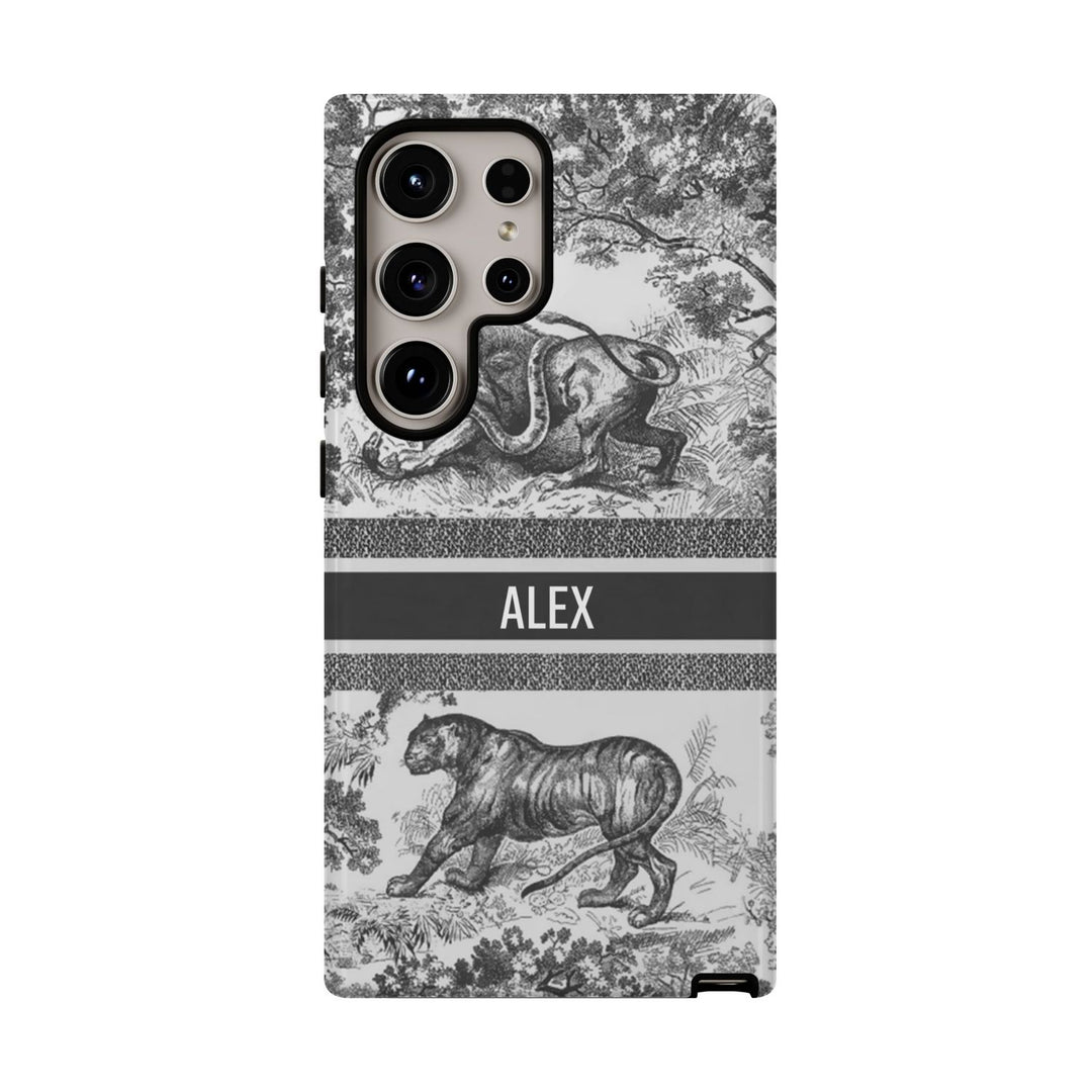 Custom Luxury Toile De Jouy Inspired Phone Case – Personalized Name Clear iPhone 12 13 14 15 16 Pro Max, Samsung 21 22 23 24 24.99 Plus/Ultra Cover