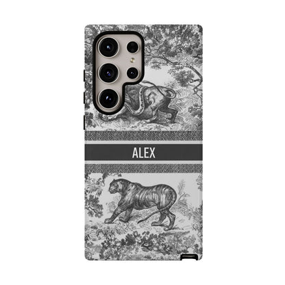 Custom Luxury Toile De Jouy Inspired Phone Case – Personalized Name Clear iPhone 12 13 14 15 16 Pro Max, Samsung 21 22 23 24 24.99 Plus/Ultra Cover