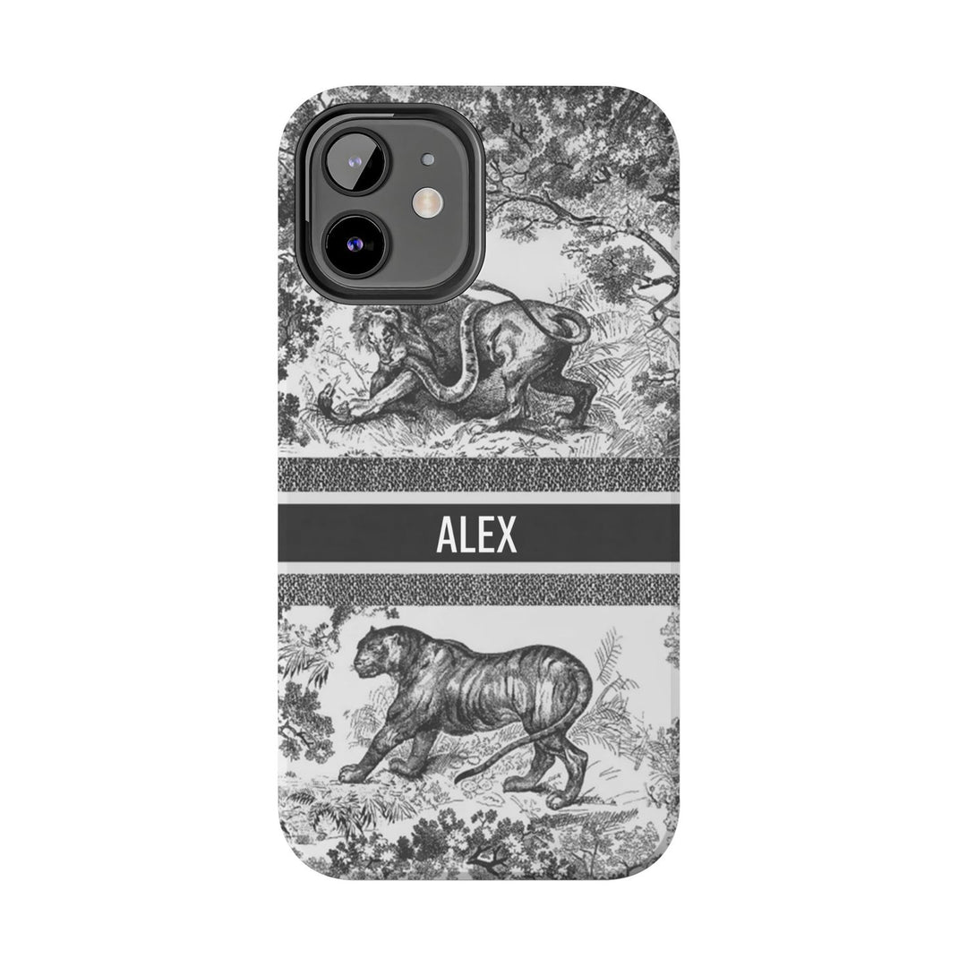 Custom Luxury Toile De Jouy Inspired Phone Case – Personalized Name Clear iPhone 12 13 14 15 16 Pro Max, Samsung 21 22 23 24 24.99 Plus/Ultra Cover