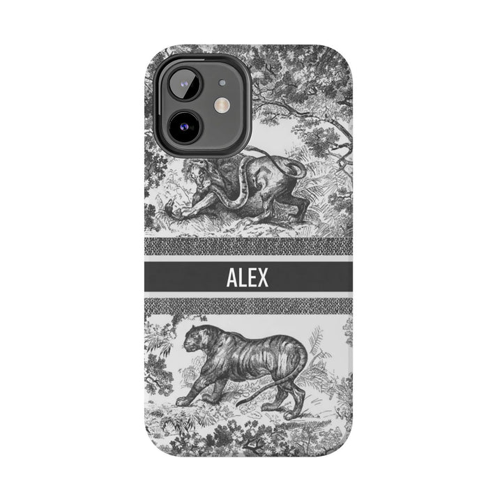 Custom Luxury Toile De Jouy Inspired Phone Case – Personalized Name Clear iPhone 12 13 14 15 16 Pro Max, Samsung 21 22 23 24 24.99 Plus/Ultra Cover