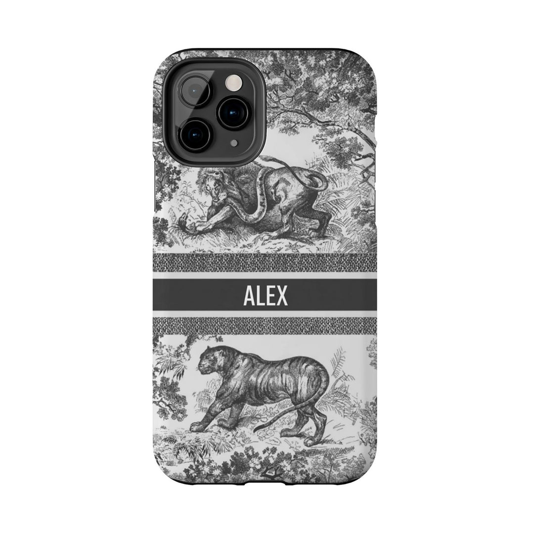 Custom Luxury Toile De Jouy Inspired Phone Case – Personalized Name Clear iPhone 12 13 14 15 16 Pro Max, Samsung 21 22 23 24 24.99 Plus/Ultra Cover