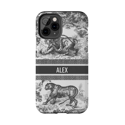 Custom Luxury Toile De Jouy Inspired Phone Case – Personalized Name Clear iPhone 12 13 14 15 16 Pro Max, Samsung 21 22 23 24 24.99 Plus/Ultra Cover
