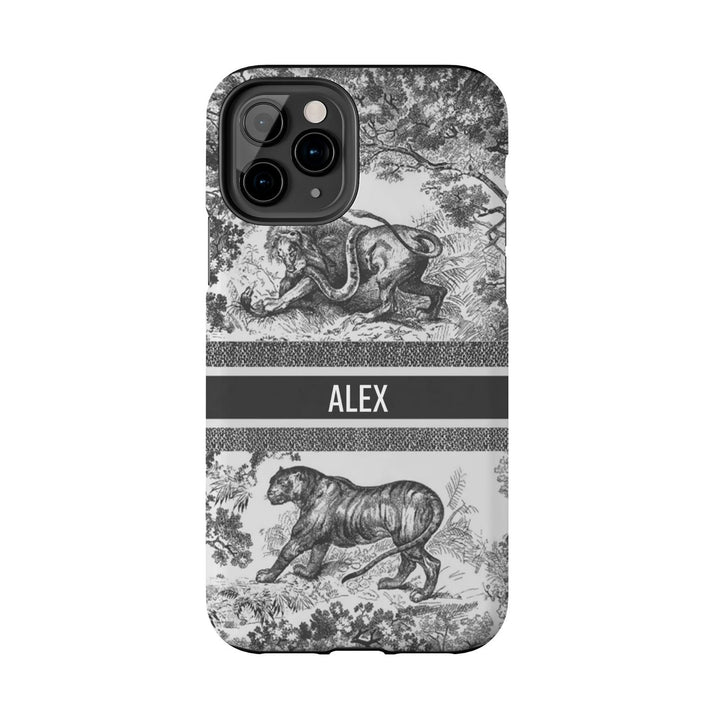 Custom Luxury Toile De Jouy Inspired Phone Case – Personalized Name Clear iPhone 12 13 14 15 16 Pro Max, Samsung 21 22 23 24 24.99 Plus/Ultra Cover
