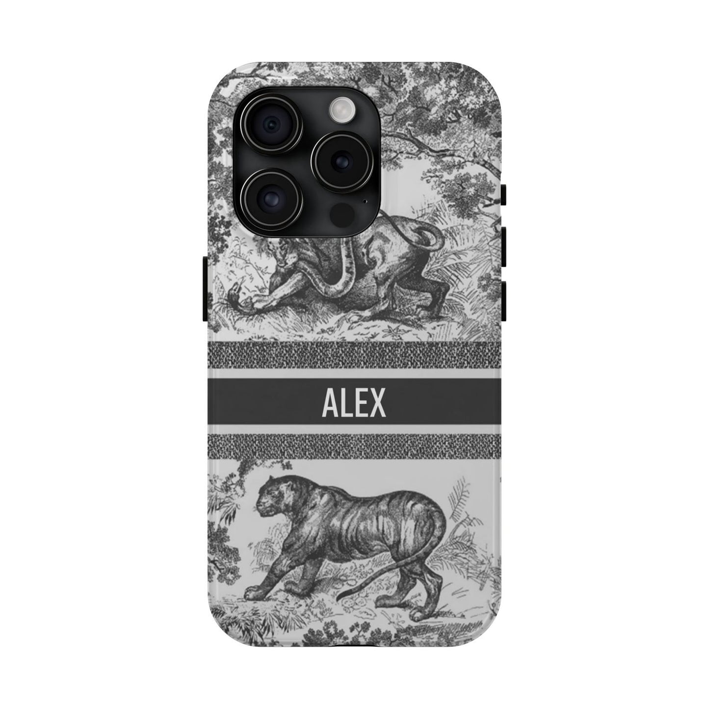 Custom Luxury Toile De Jouy Inspired Phone Case – Personalized Name Clear iPhone 12 13 14 15 16 Pro Max, Samsung 21 22 23 24 24.99 Plus/Ultra Cover