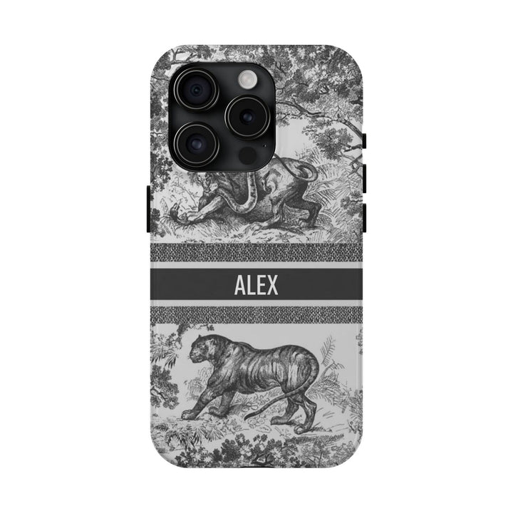 Custom Luxury Toile De Jouy Inspired Phone Case – Personalized Name Clear iPhone 12 13 14 15 16 Pro Max, Samsung 21 22 23 24 24.99 Plus/Ultra Cover