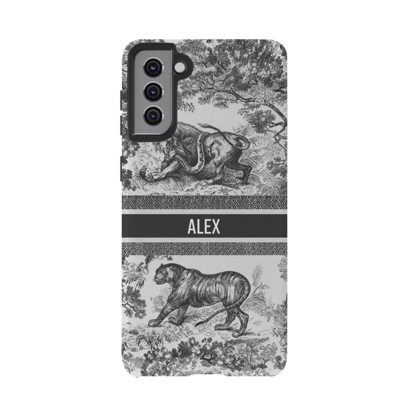 Custom Luxury Toile De Jouy Inspired Phone Case – Personalized Name Clear iPhone 12 13 14 15 16 Pro Max, Samsung 21 22 23 24 24.99 Plus/Ultra Cover