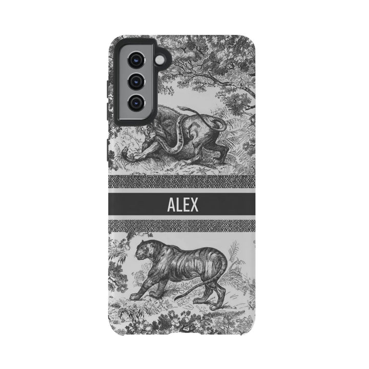 Custom Luxury Toile De Jouy Inspired Phone Case – Personalized Name Clear iPhone 12 13 14 15 16 Pro Max, Samsung 21 22 23 24 24.99 Plus/Ultra Cover