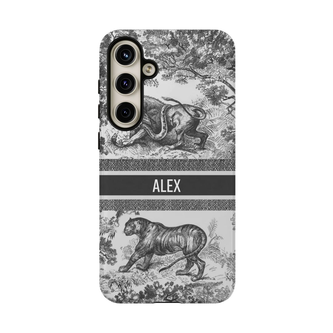 Custom Luxury Toile De Jouy Inspired Phone Case – Personalized Name Clear iPhone 12 13 14 15 16 Pro Max, Samsung 21 22 23 24 24.99 Plus/Ultra Cover