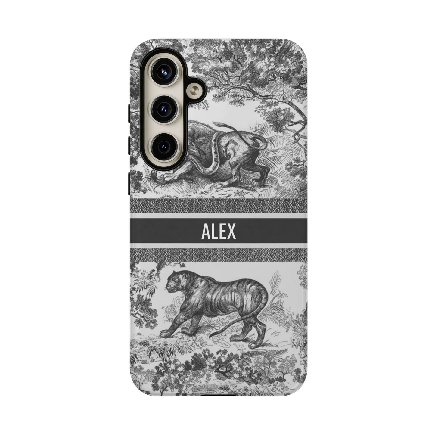 Custom Luxury Toile De Jouy Inspired Phone Case – Personalized Name Clear iPhone 12 13 14 15 16 Pro Max, Samsung 21 22 23 24 24.99 Plus/Ultra Cover