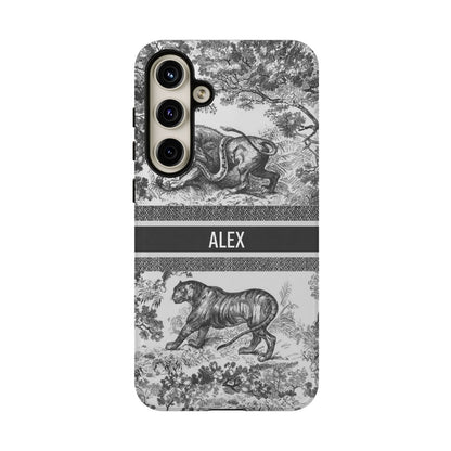 Custom Luxury Toile De Jouy Inspired Phone Case – Personalized Name Clear iPhone 12 13 14 15 16 Pro Max, Samsung 21 22 23 24 24.99 Plus/Ultra Cover