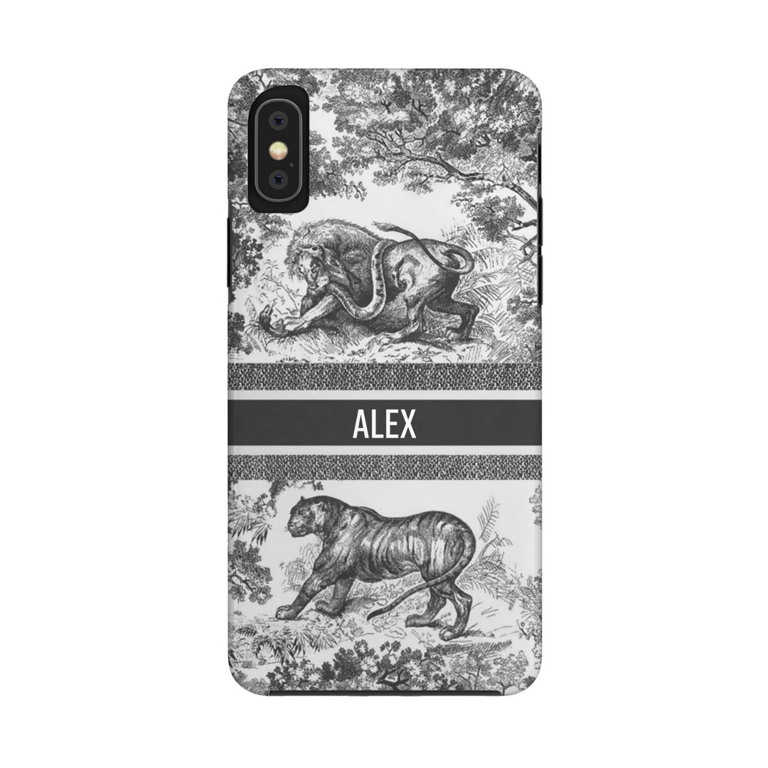 Custom Luxury Toile De Jouy Inspired Phone Case – Personalized Name Clear iPhone 12 13 14 15 16 Pro Max, Samsung 21 22 23 24 24.99 Plus/Ultra Cover