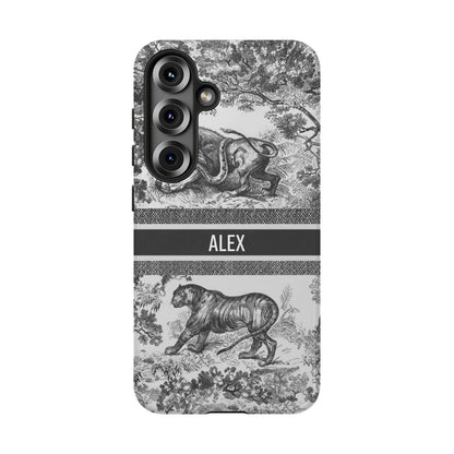 Custom Luxury Toile De Jouy Inspired Phone Case – Personalized Name Clear iPhone 12 13 14 15 16 Pro Max, Samsung 21 22 23 24 24.99 Plus/Ultra Cover