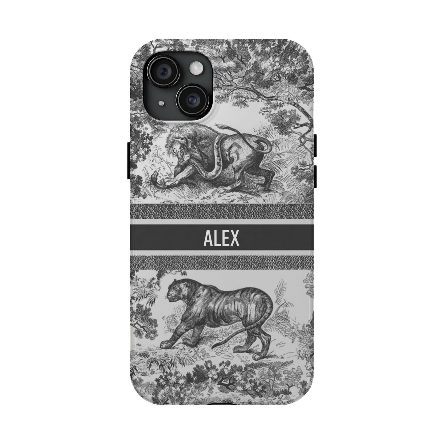 Custom Luxury Toile De Jouy Inspired Phone Case – Personalized Name Clear iPhone 12 13 14 15 16 Pro Max, Samsung 21 22 23 24 24.99 Plus/Ultra Cover