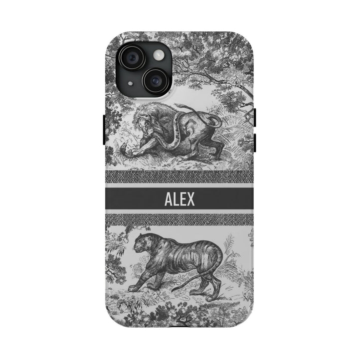 Custom Luxury Toile De Jouy Inspired Phone Case – Personalized Name Clear iPhone 12 13 14 15 16 Pro Max, Samsung 21 22 23 24 24.99 Plus/Ultra Cover