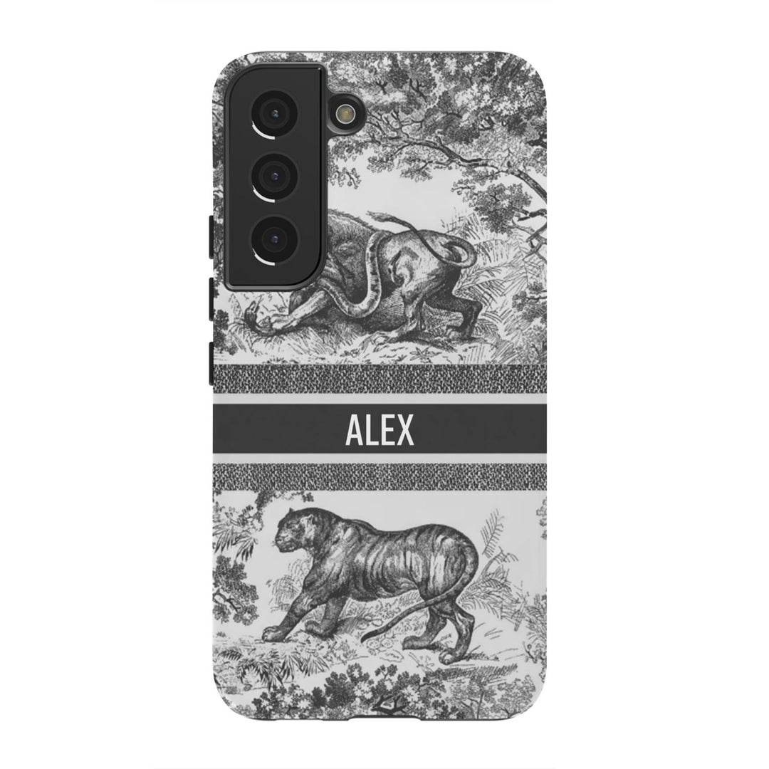 Custom Luxury Toile De Jouy Inspired Phone Case – Personalized Name Clear iPhone 12 13 14 15 16 Pro Max, Samsung 21 22 23 24 24.99 Plus/Ultra Cover