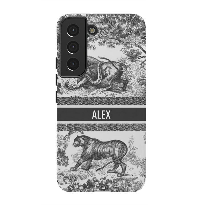 Custom Luxury Toile De Jouy Inspired Phone Case – Personalized Name Clear iPhone 12 13 14 15 16 Pro Max, Samsung 21 22 23 24 24.99 Plus/Ultra Cover