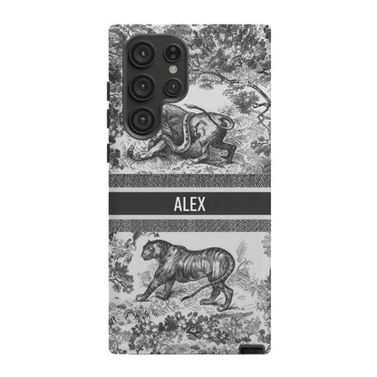 Custom Luxury Toile De Jouy Inspired Phone Case – Personalized Name Clear iPhone 12 13 14 15 16 Pro Max, Samsung 21 22 23 24 24.99 Plus/Ultra Cover