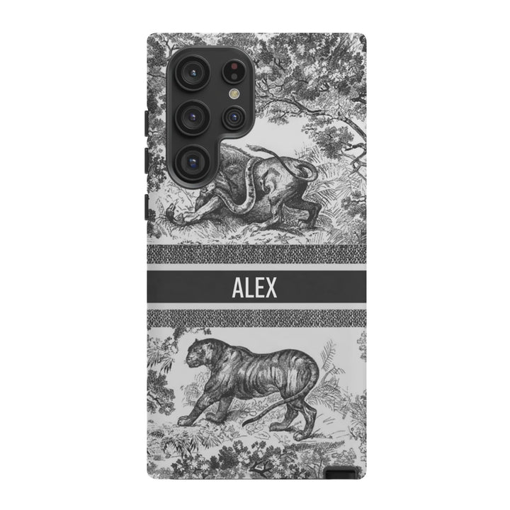 Custom Luxury Toile De Jouy Inspired Phone Case – Personalized Name Clear iPhone 12 13 14 15 16 Pro Max, Samsung 21 22 23 24 24.99 Plus/Ultra Cover