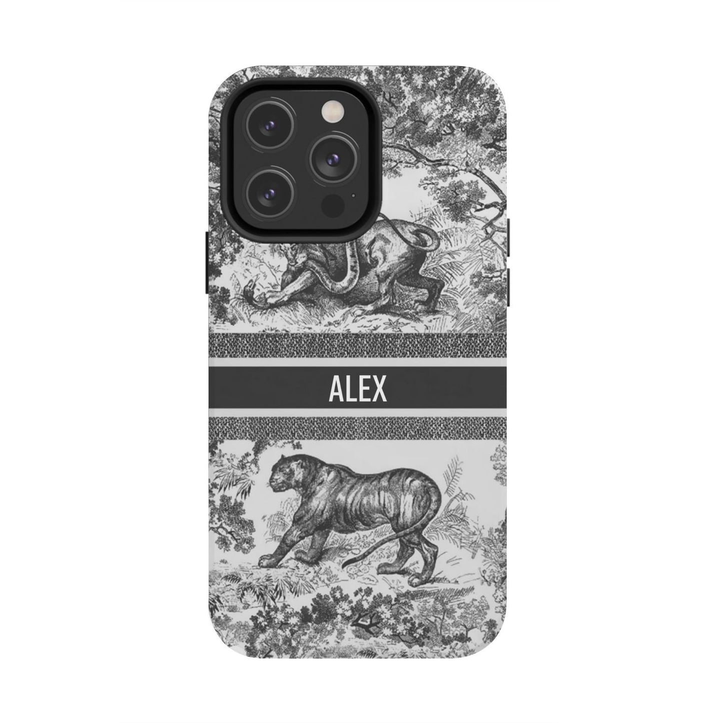 Custom Luxury Toile De Jouy Inspired Phone Case – Personalized Name Clear iPhone 12 13 14 15 16 Pro Max, Samsung 21 22 23 24 24.99 Plus/Ultra Cover