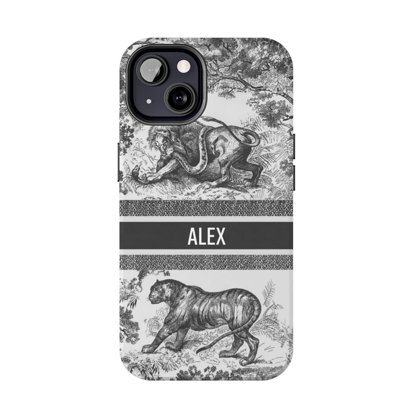 Custom Luxury Toile De Jouy Inspired Phone Case – Personalized Name Clear iPhone 12 13 14 15 16 Pro Max, Samsung 21 22 23 24 24.99 Plus/Ultra Cover