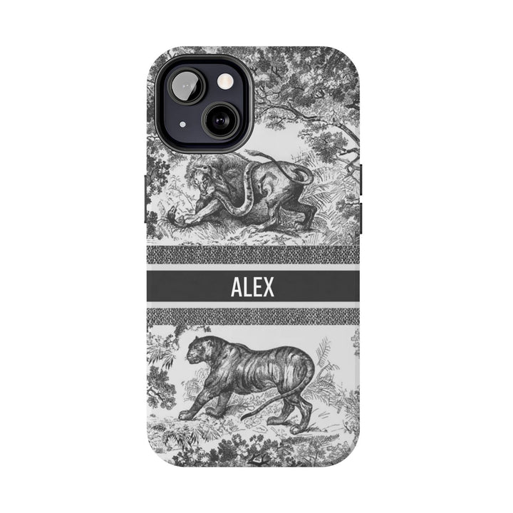 Custom Luxury Toile De Jouy Inspired Phone Case – Personalized Name Clear iPhone 12 13 14 15 16 Pro Max, Samsung 21 22 23 24 24.99 Plus/Ultra Cover
