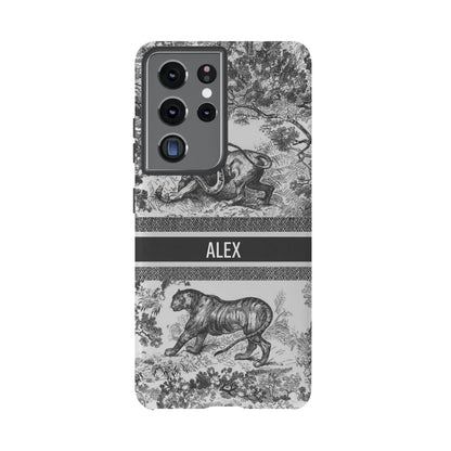 Custom Luxury Toile De Jouy Inspired Phone Case – Personalized Name Clear iPhone 12 13 14 15 16 Pro Max, Samsung 21 22 23 24 24.99 Plus/Ultra Cover
