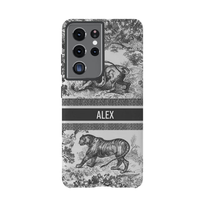 Custom Luxury Toile De Jouy Inspired Phone Case – Personalized Name Clear iPhone 12 13 14 15 16 Pro Max, Samsung 21 22 23 24 24.99 Plus/Ultra Cover