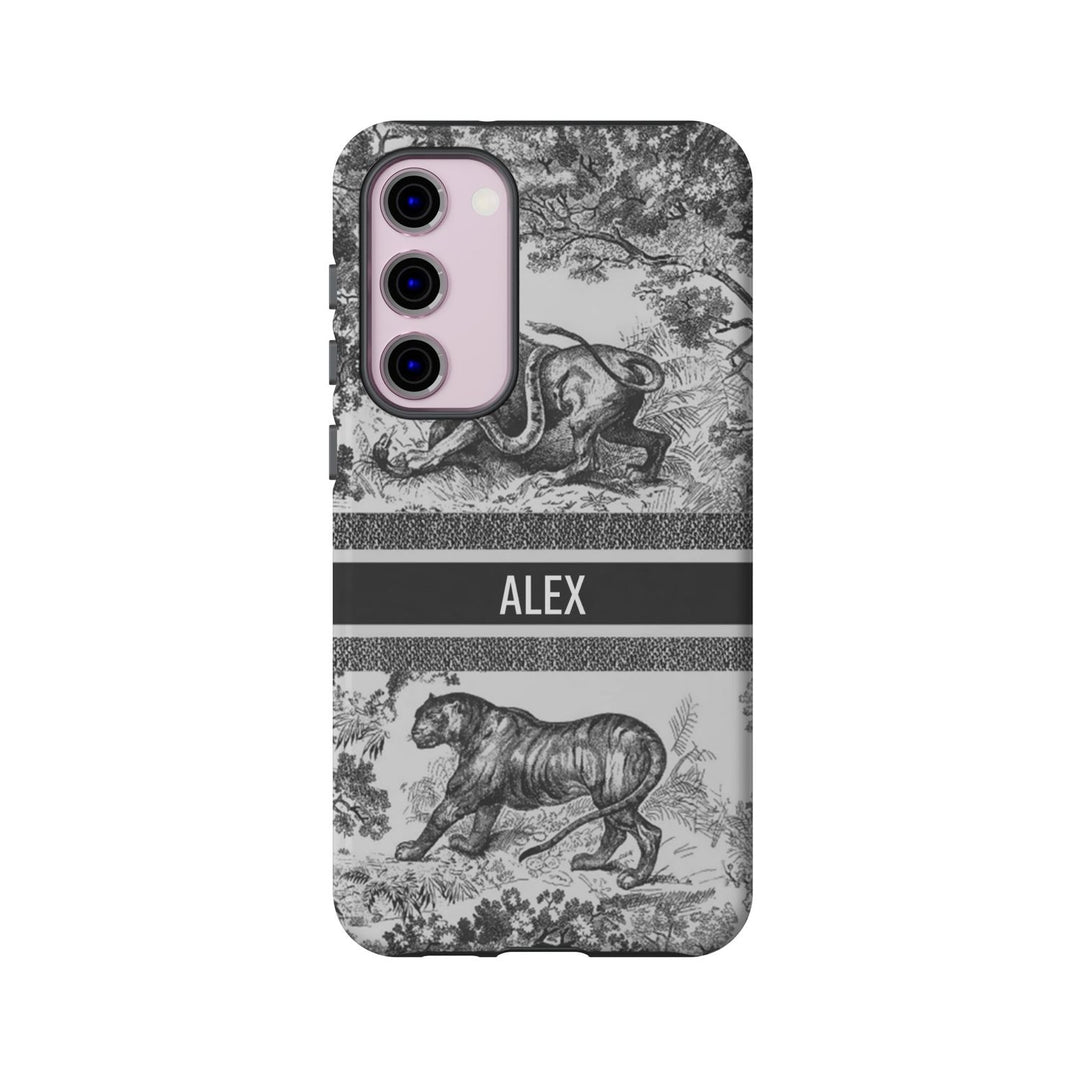 Custom Luxury Toile De Jouy Inspired Phone Case – Personalized Name Clear iPhone 12 13 14 15 16 Pro Max, Samsung 21 22 23 24 24.99 Plus/Ultra Cover