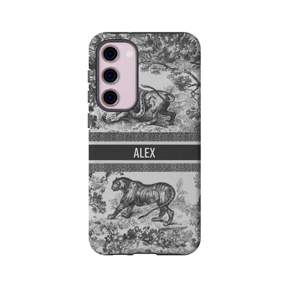 Custom Luxury Toile De Jouy Inspired Phone Case – Personalized Name Clear iPhone 12 13 14 15 16 Pro Max, Samsung 21 22 23 24 24.99 Plus/Ultra Cover