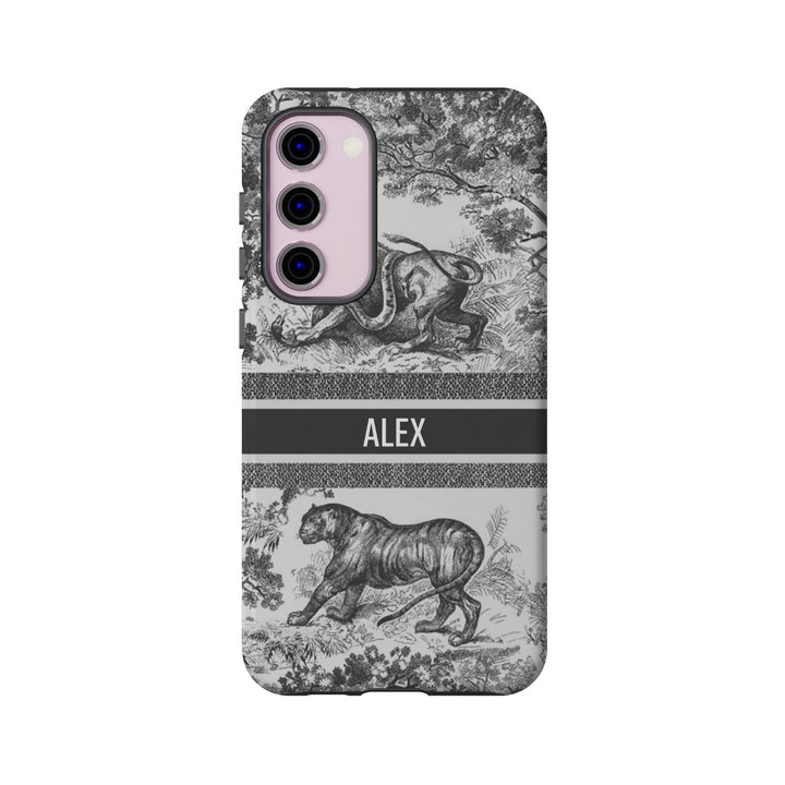 Custom Luxury Toile De Jouy Inspired Phone Case – Personalized Name Clear iPhone 12 13 14 15 16 Pro Max, Samsung 21 22 23 24 24.99 Plus/Ultra Cover