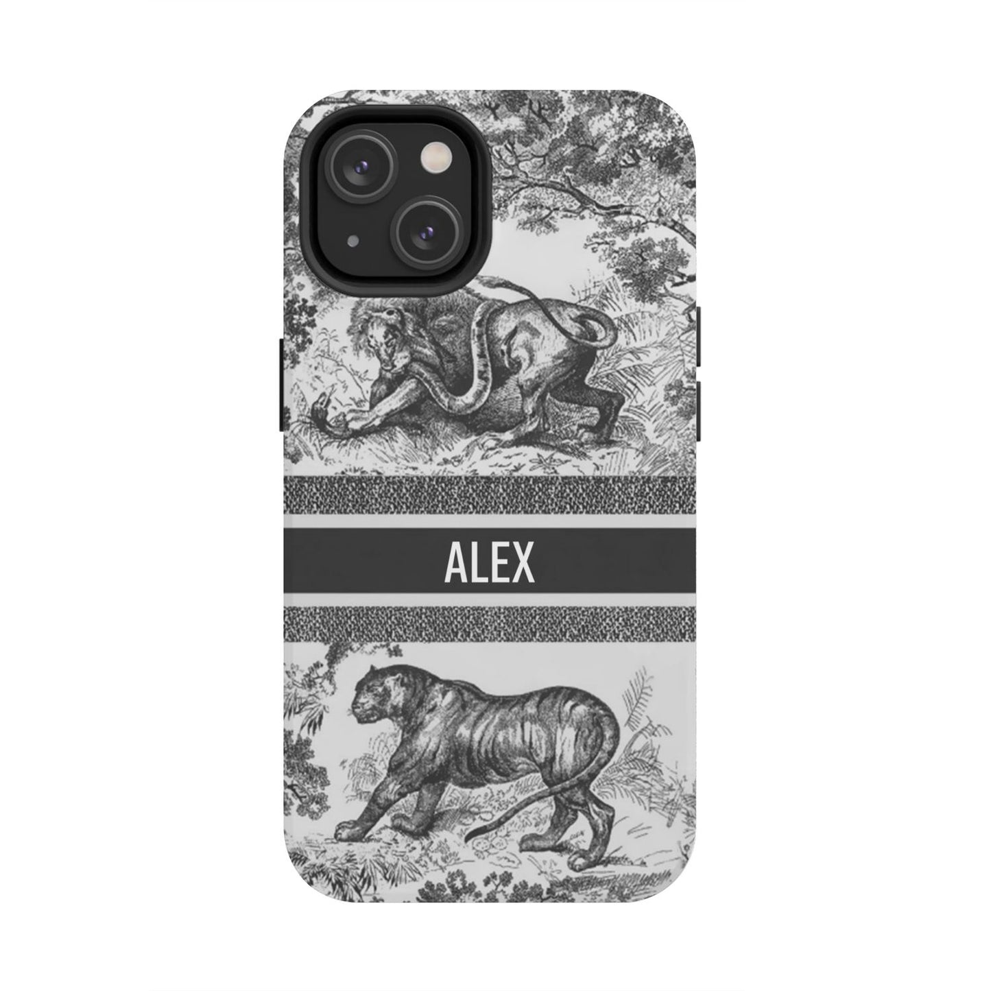 Custom Luxury Toile De Jouy Inspired Phone Case – Personalized Name Clear iPhone 12 13 14 15 16 Pro Max, Samsung 21 22 23 24 24.99 Plus/Ultra Cover