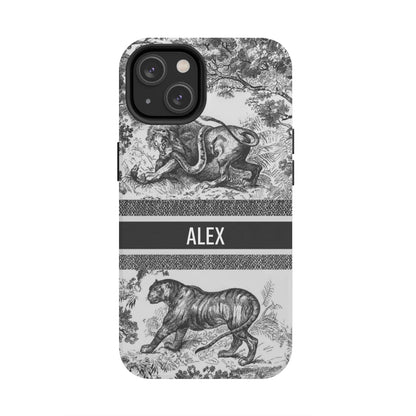 Custom Luxury Toile De Jouy Inspired Phone Case – Personalized Name Clear iPhone 12 13 14 15 16 Pro Max, Samsung 21 22 23 24 24.99 Plus/Ultra Cover