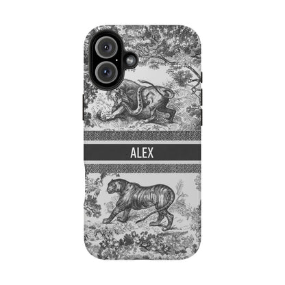 Custom Luxury Toile De Jouy Inspired Phone Case – Personalized Name Clear iPhone 12 13 14 15 16 Pro Max, Samsung 21 22 23 24 24.99 Plus/Ultra Cover