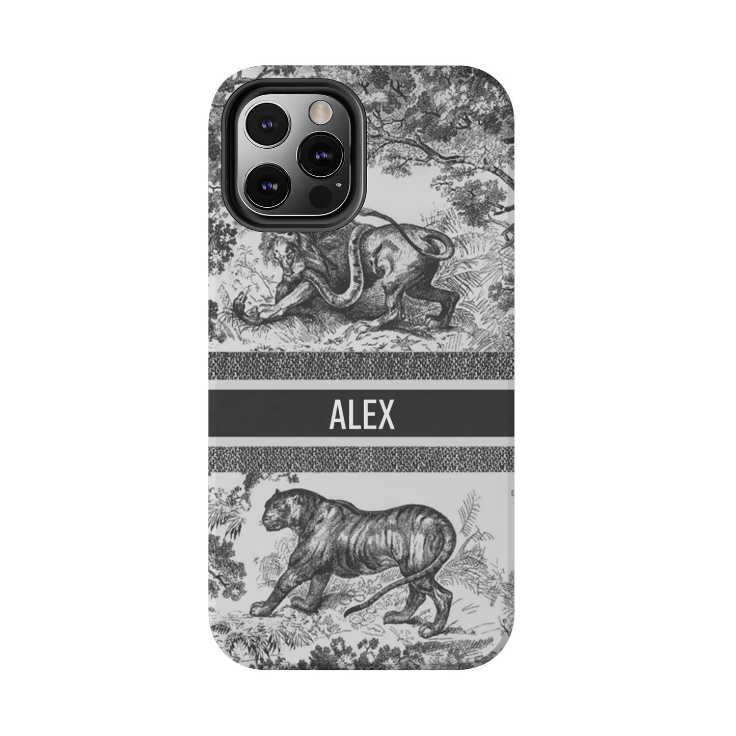 Custom Luxury Toile De Jouy Inspired Phone Case – Personalized Name Clear iPhone 12 13 14 15 16 Pro Max, Samsung 21 22 23 24 24.99 Plus/Ultra Cover