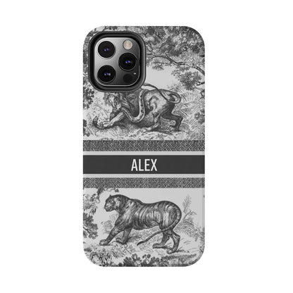 Custom Luxury Toile De Jouy Inspired Phone Case – Personalized Name Clear iPhone 12 13 14 15 16 Pro Max, Samsung 21 22 23 24 24.99 Plus/Ultra Cover