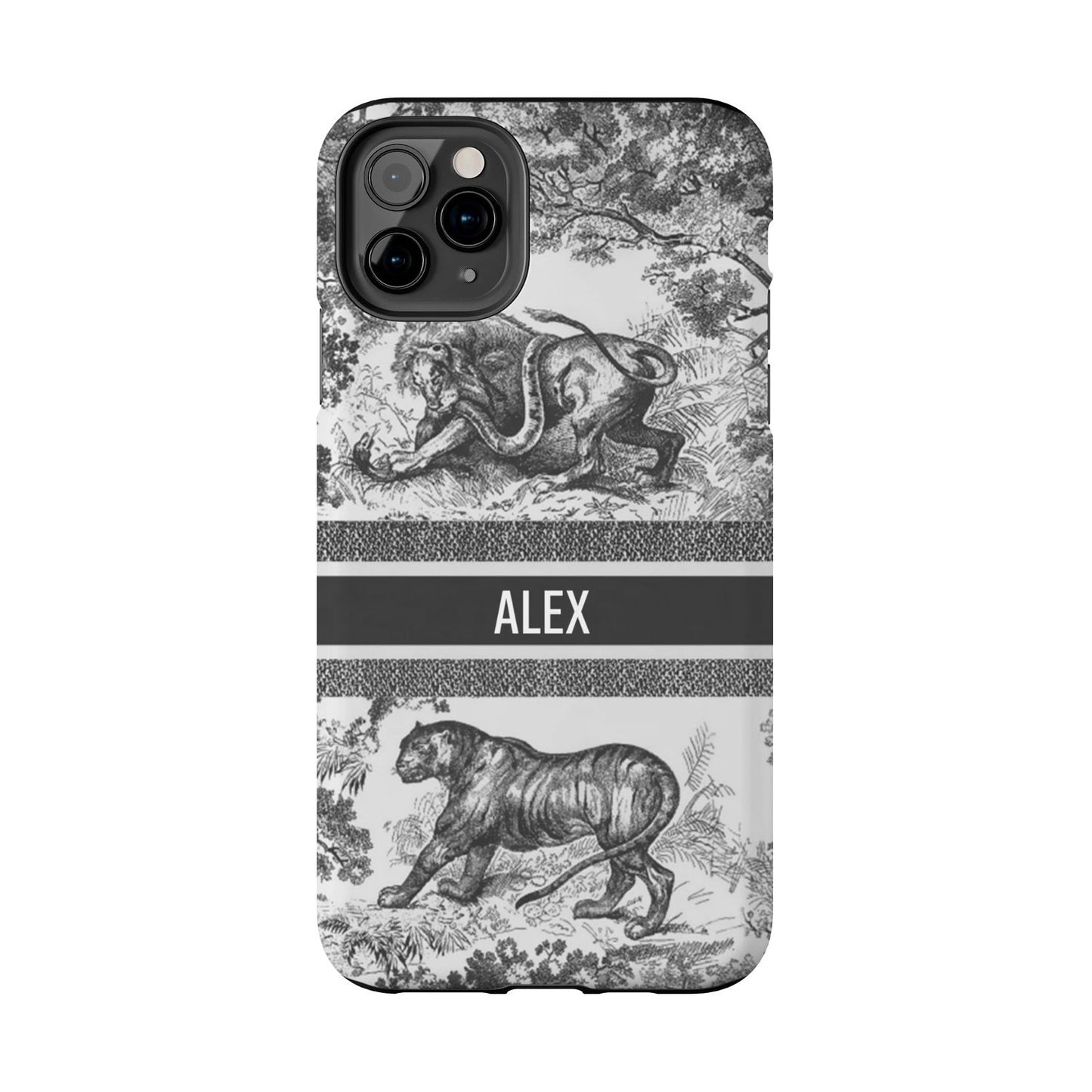 Custom Luxury Toile De Jouy Inspired Phone Case – Personalized Name Clear iPhone 12 13 14 15 16 Pro Max, Samsung 21 22 23 24 24.99 Plus/Ultra Cover