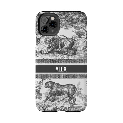 Custom Luxury Toile De Jouy Inspired Phone Case – Personalized Name Clear iPhone 12 13 14 15 16 Pro Max, Samsung 21 22 23 24 24.99 Plus/Ultra Cover