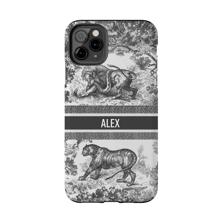 Custom Luxury Toile De Jouy Inspired Phone Case – Personalized Name Clear iPhone 12 13 14 15 16 Pro Max, Samsung 21 22 23 24 24.99 Plus/Ultra Cover