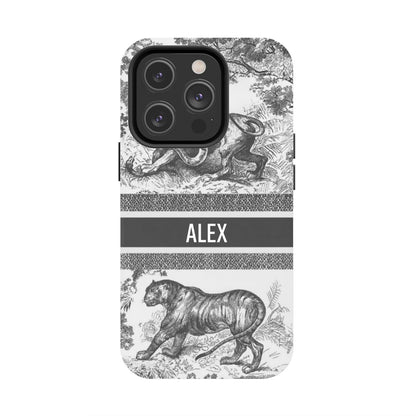 Custom Luxury Toile De Jouy Inspired Phone Case – Personalized Name Clear iPhone 12 13 14 15 16 Pro Max, Samsung 21 22 23 24 24.99 Plus/Ultra Cover