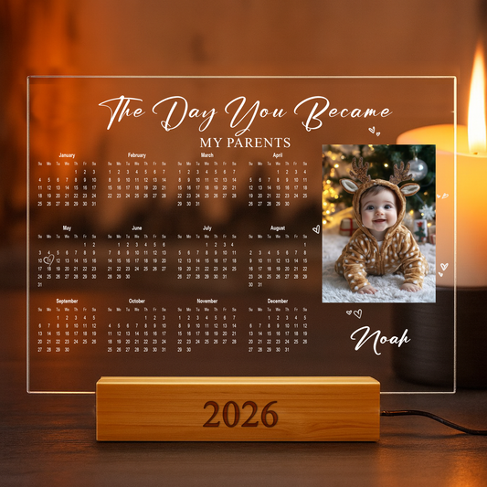 Custom LED Acrylic 2026 Calendar Lamp – Personalized Gift for Parents & Newborns, Photo Night Light for Family - The Day You Became My Parents